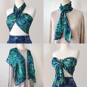 Vintage Silk Paisley Scarf Festival Boho Blue Green Metallic Gold Sheer Preppy